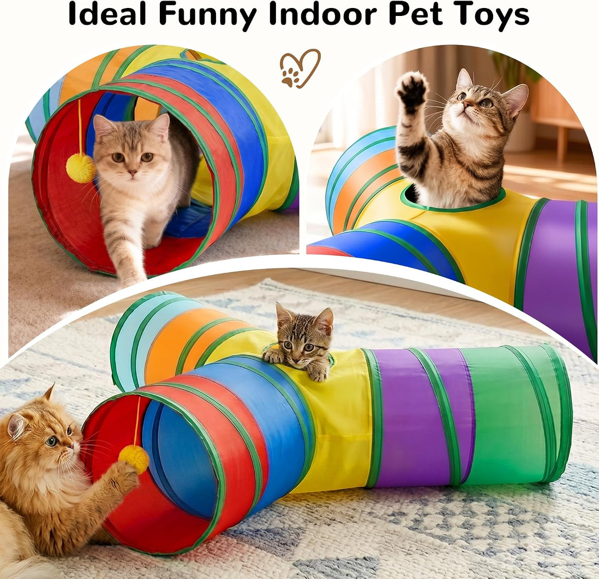 Tempcore Cat Tunnel, 3-Way Collapsible Toy, Large Size Rainbow | Large Size 3-Way Cat Tunnel Provides More Room for Cats to Run, Hide and Chase, with Peek Holes, Hanging Ball and Teaser Wand