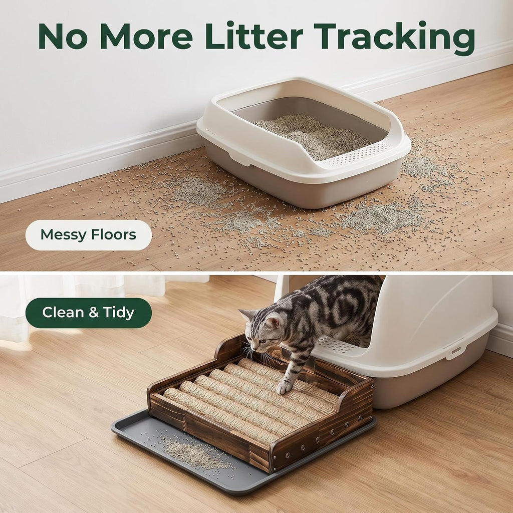 Cat Litter Box Step with Sisal Scratching Post Litter Catcher Mat (Natural) | Multi-Purpose Wood Anti-Tracking Cat Scratcher Bed Litter Box Ramp, Fits Standard Cat Litter Boxes
