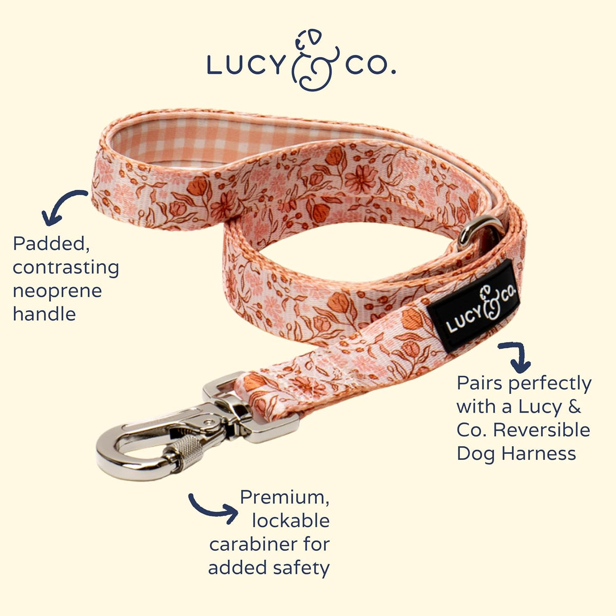 Lucy & Co. 5 Foot Designer Dog Leash for Small, Medium or Big Dogs or Puppies Puppy – Pet Accessories & Supplies- Small-Peach Pink Floral Plaid