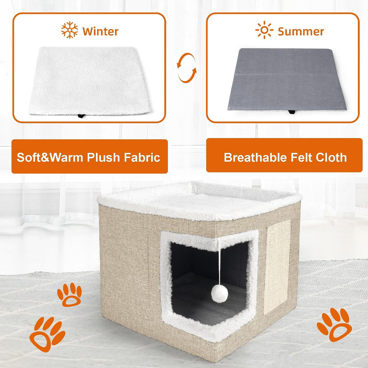 Loyareal Cat Houses for Indoor Cats - Large Cat Bed Cave with Scratch Pad and Fluffy Ball, Foldable Cat Condo Hideaway with Reversible Cushion for Multi Small Pet, Khaki