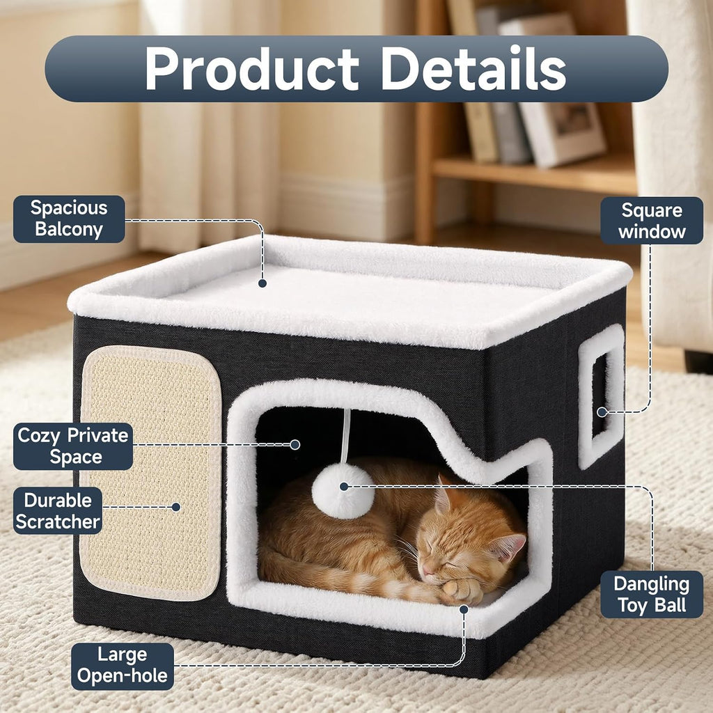 Shikha Cat Bed House for Indoor Cats with Fluffy Ball and Scratch Pad Black