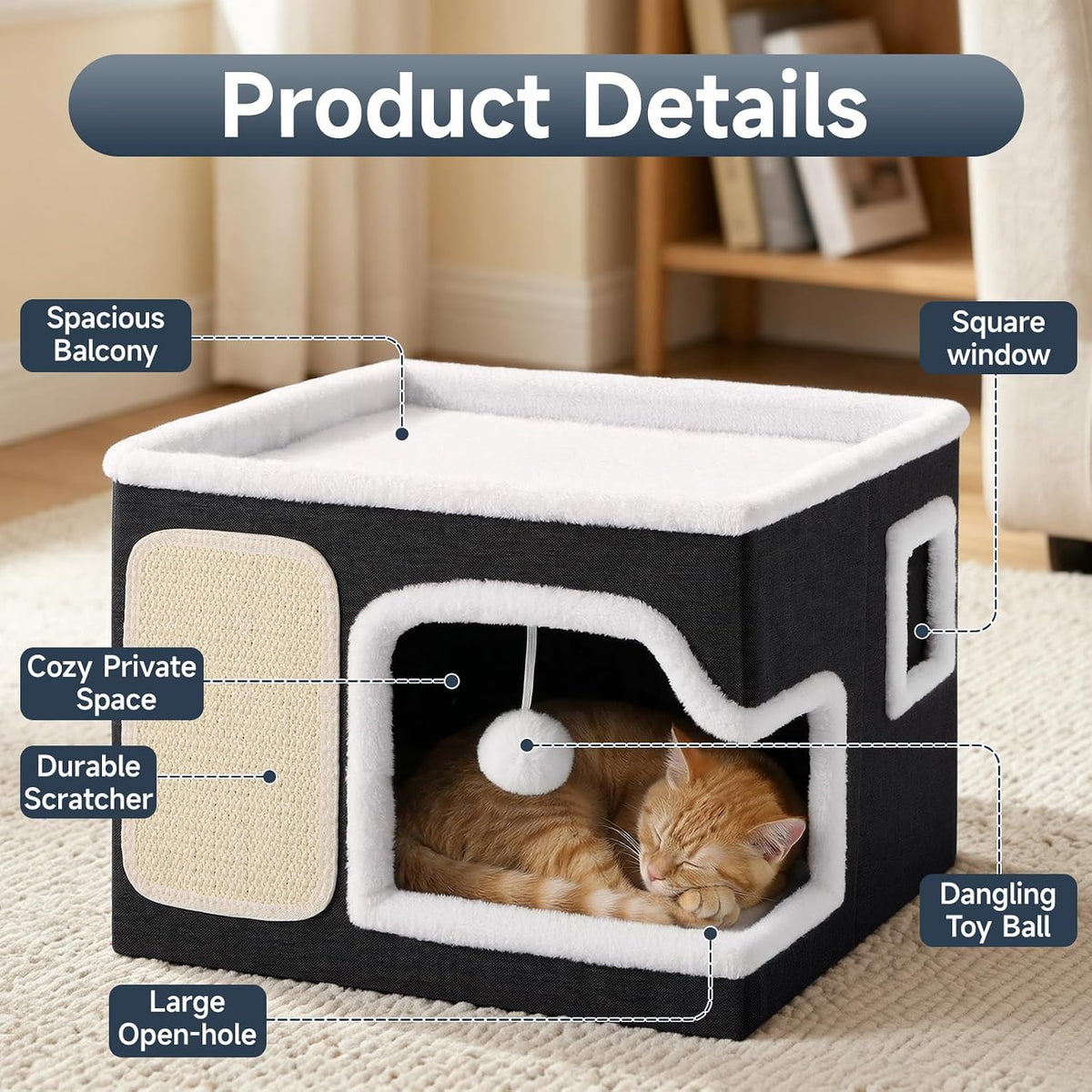 Shikha Cat Bed House for Indoor Cats with Fluffy Ball and Scratch Pad Black