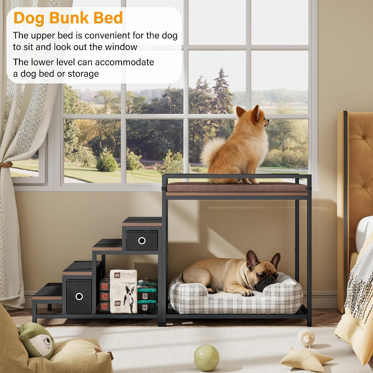 kepptory Dog/Cat Window Perch with Stairs and Seat Cushion, Pet Bunk Bed with Storage Drawers, Bedside Dogs Cot for Small, Medium Cats & Dogs, Pet Stairs Ramp(Brown)