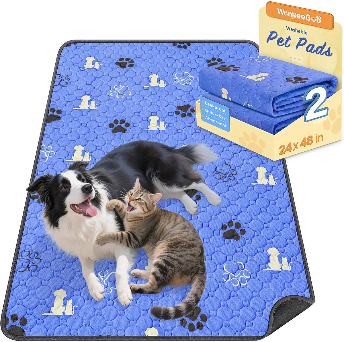 WanpeeGoo Washable Pee Pads for Dogs, Waterproof, 24 x 48 in, 2 Pack, Blue | Super Absorbent, Waterproof and Non-Slip; Washable, Reusable Dog Pads for Crates, Playpens, Floors, Furniture and Travel