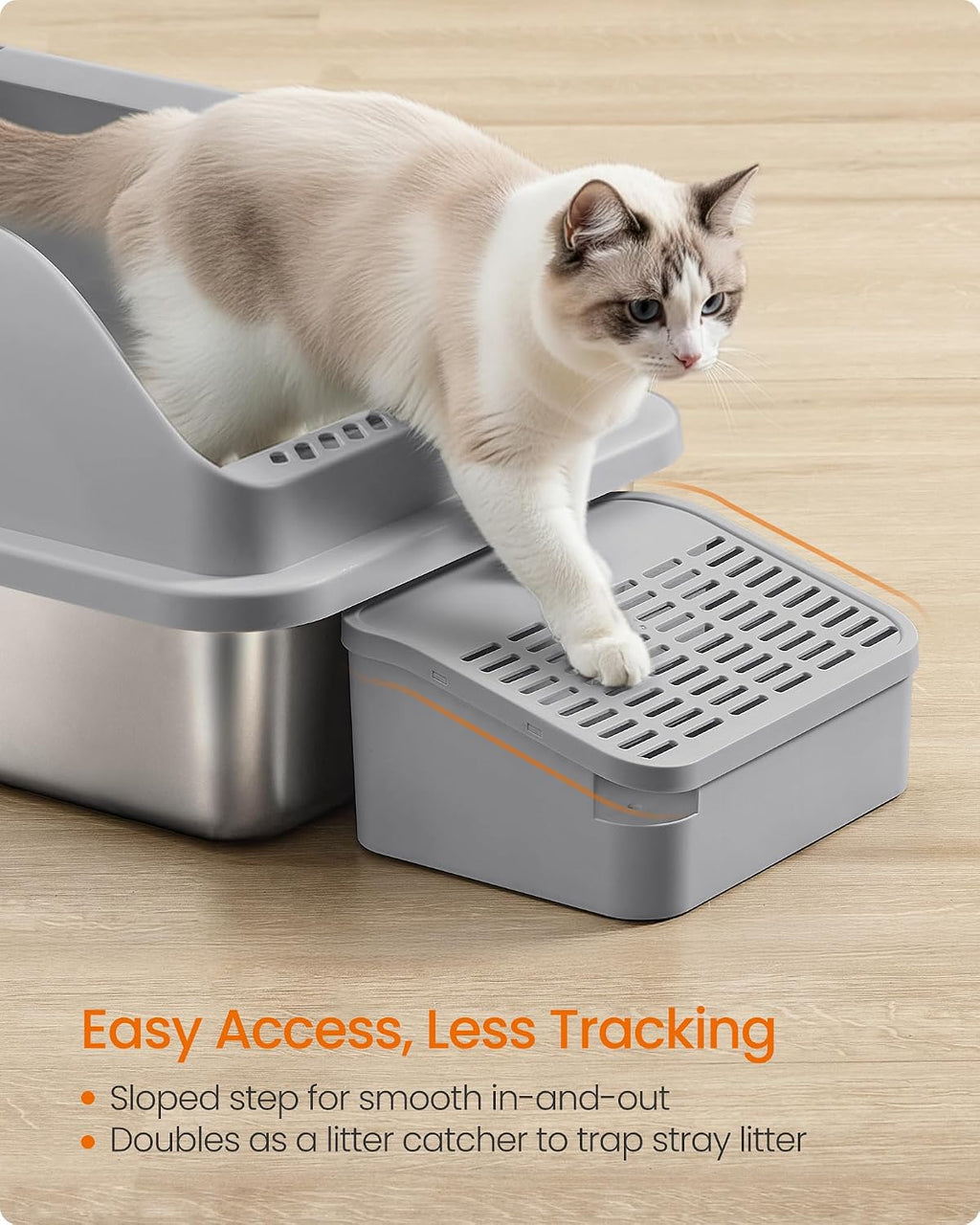 Feandrea 1 Pack Stainless Steel Cat Litter Box, for Cats up to 33 lb | High Sided Litter Tray with Open Top, Step, Scoop, Brush, Dove Gray, UPPT008GN01