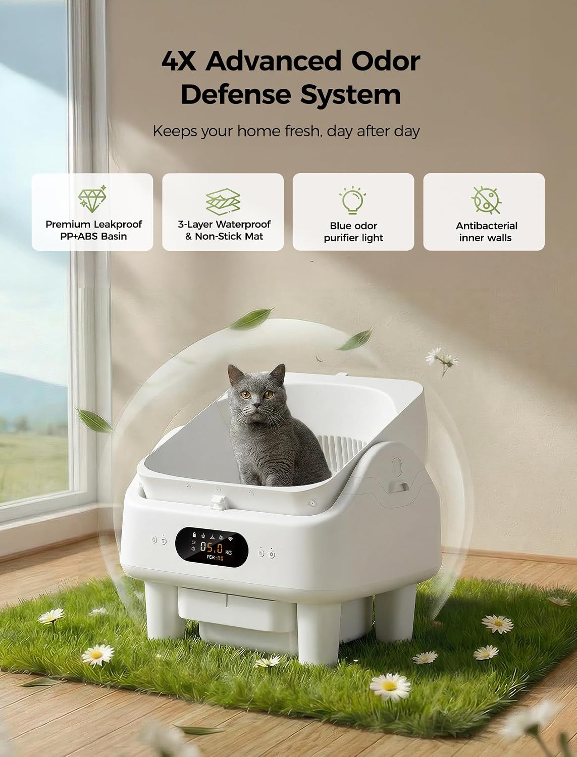 Open Top Self Cleaning Litter Box, Automatic Cat Litter Box for Multiple Large Cats with APP Control, 10 Safety Sensors, 6" LED Display, Quiet Odor Control, Trash Bags,Cat Stair, Litter Mat