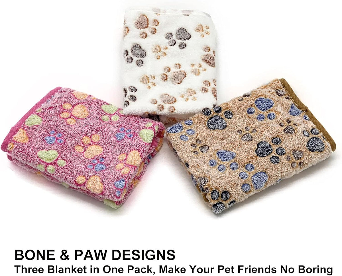 SORKUT 1 Pack 3 Puppy Dog Blankets Super Soft Warm Sleep Mat Fluffy Premium Fleece Pet Blanket Flannel Throw for Dog Puppy Cat - Paw Print Beige/Pink/Brown Medium (29"x20")