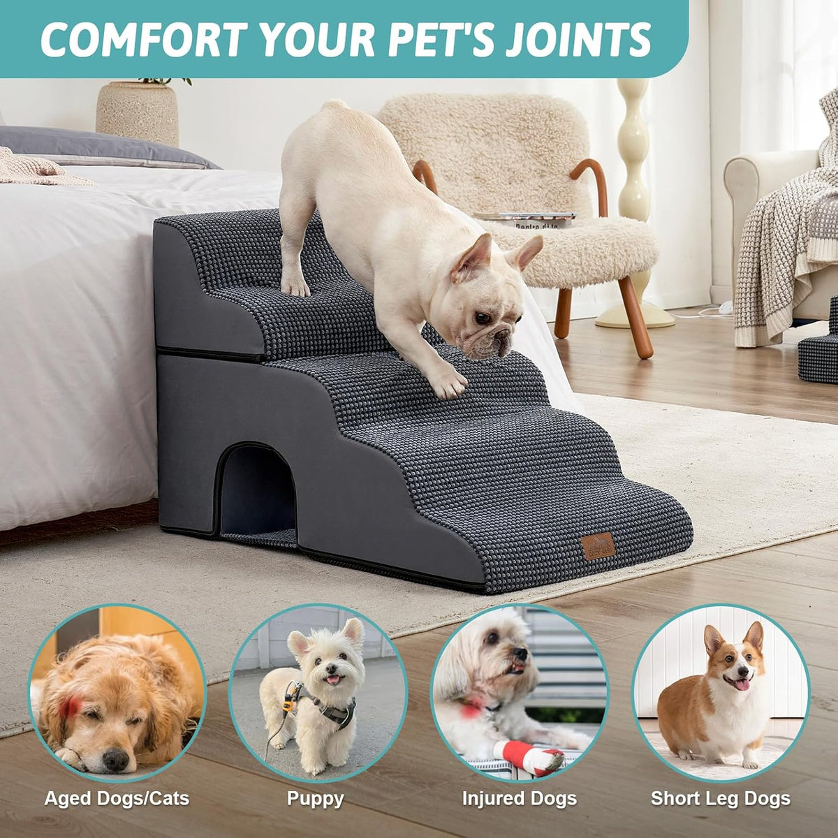 COZY KISS Dog Stairs,with condo,22.4" H 5 Steps for Bed,Dark Grey