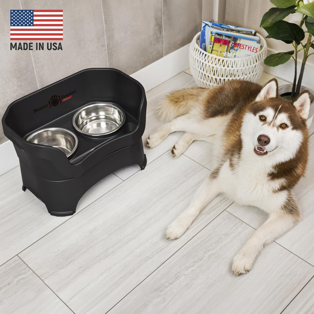 Neater Pet Brands Neater Feeder Deluxe Mess Proof Dog Bowls Elevated for Large Dogs Over 40 lbs, Made in USA, No Spill Raised Dog Food Bowl Stand Feeding Station, Food and Water Bowl Set, Black 