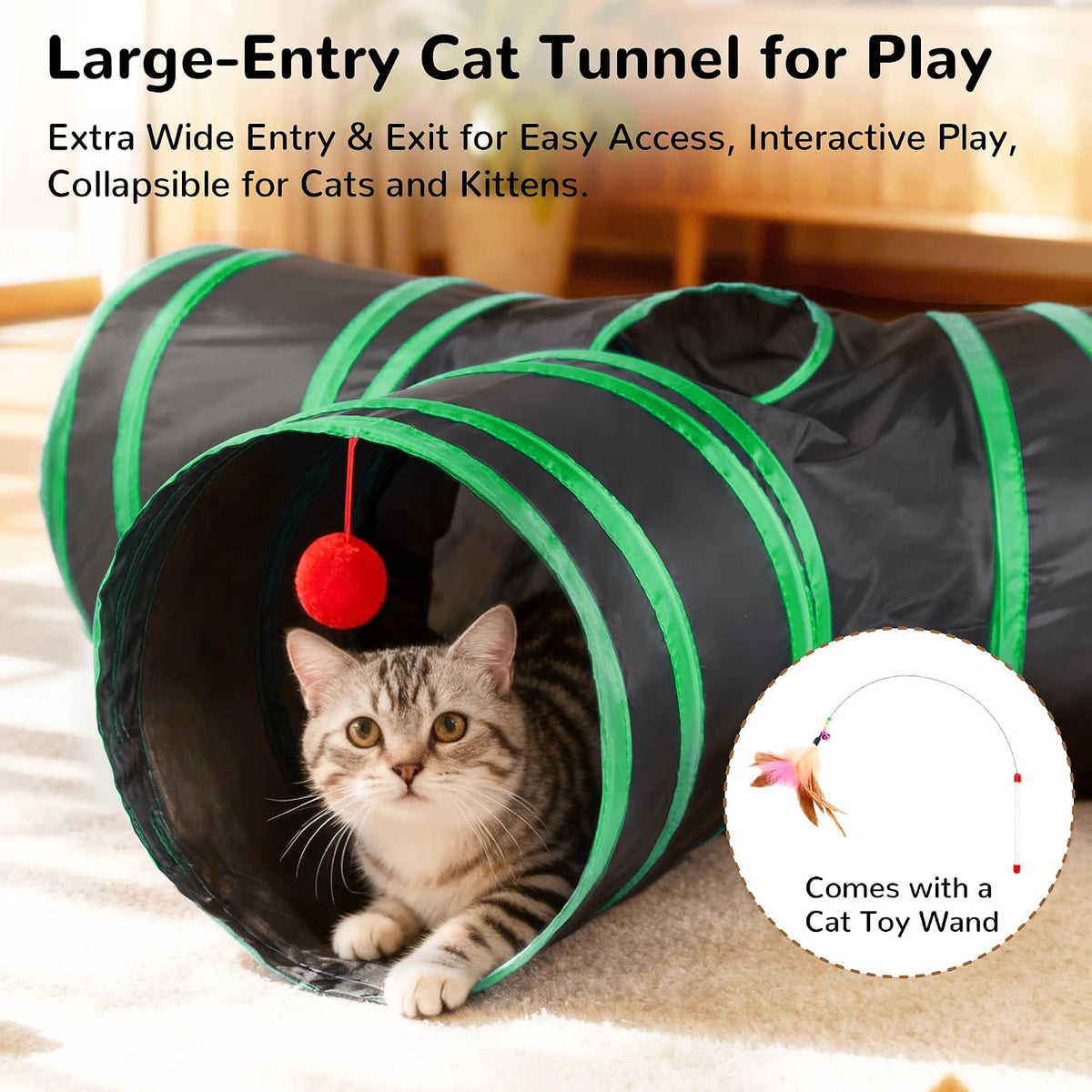 Tempcore Cat Tunnel, 3-Way Collapsible Toy for Indoor Cats, Black & Green | 3-Way Cat Tunnel with Peek Holes, Hanging Ball and Teaser Wand, Collapsible Design for Play, Hiding, Chasing and Exercise