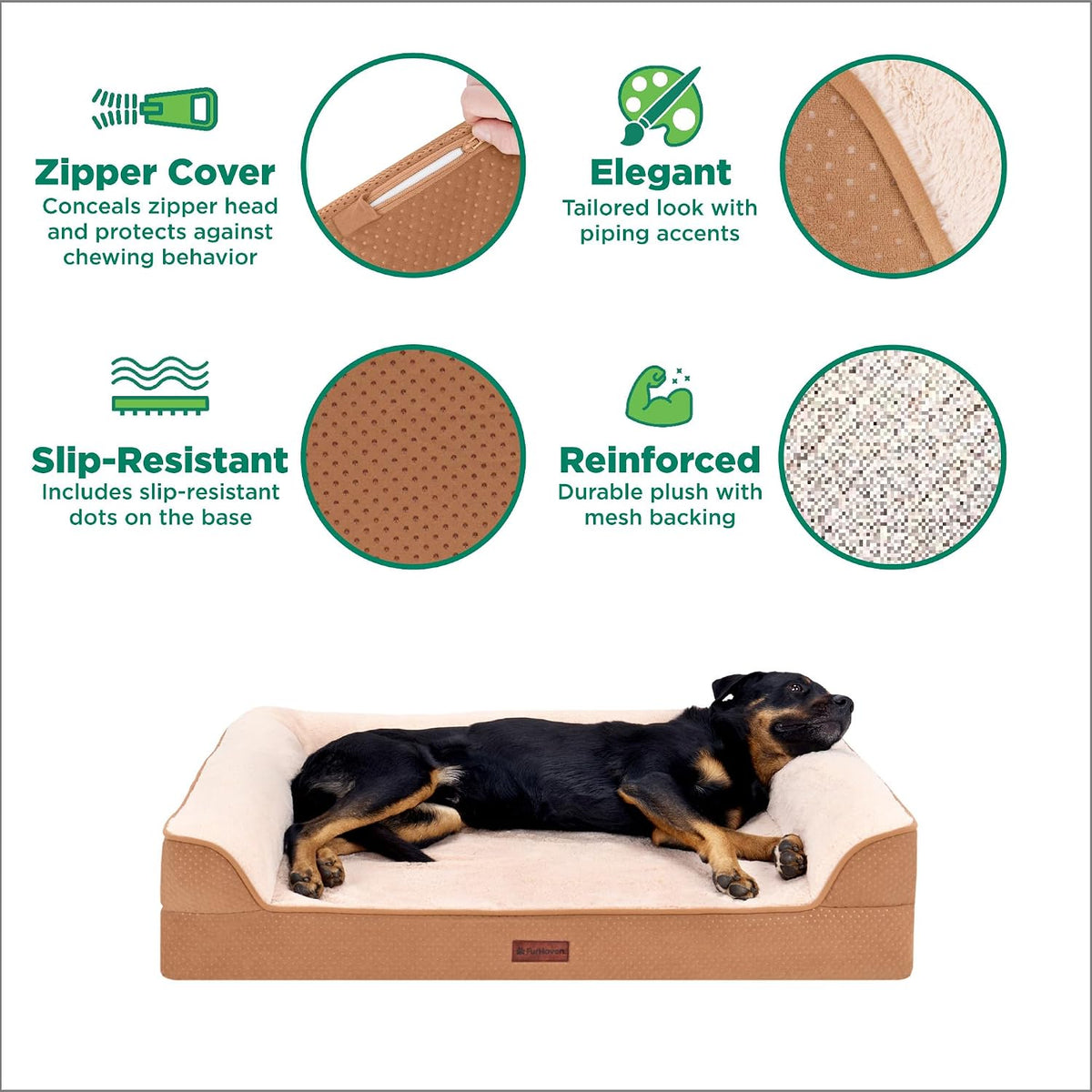 Furhaven Plush & Embossed Velvet Cooling Gel-Top Dreamer Sofa Pet Bed, Cognac, Large