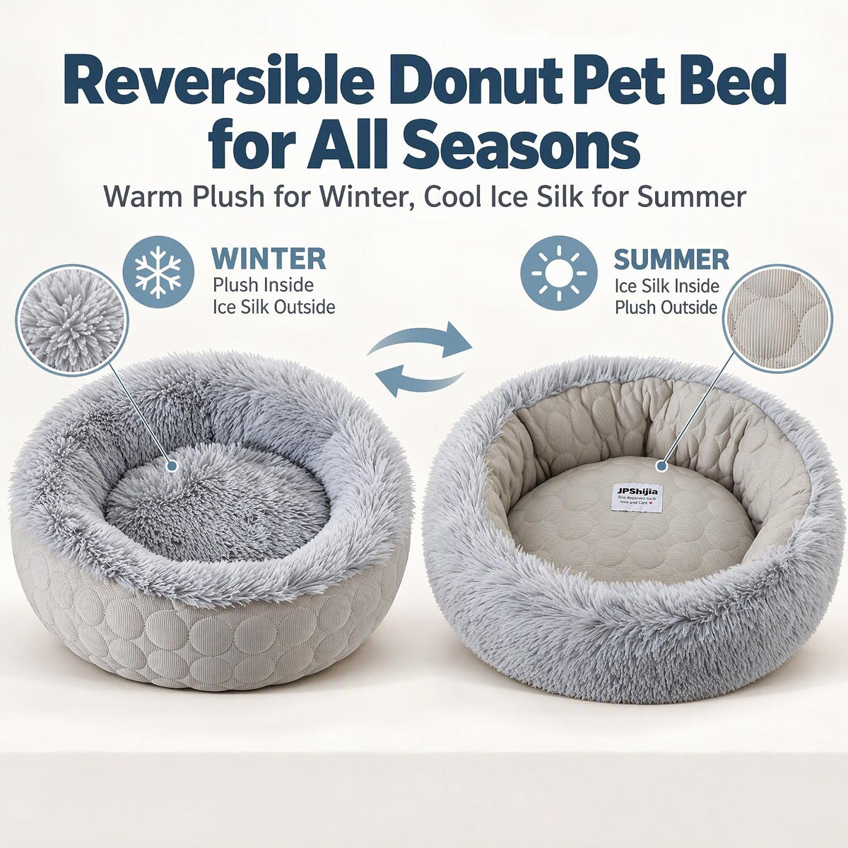 Reversible Donut Cat Bed, Grey Medium 19.7in Cat & Small Dog Nest