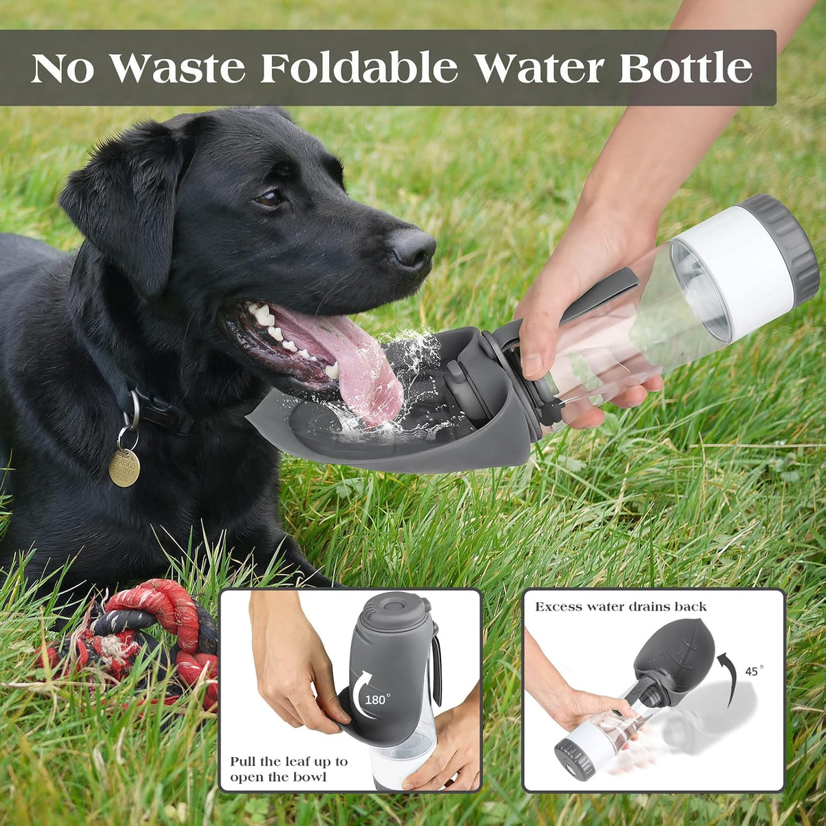 TIOVERY Upgraded Dog Water Bottle, Portable Dog Cat Puppy Pet Water Dispenser Feeder with Drinking Cup and Food Container Leak Proof for Outdoor Walking, Travel, Hiking 12OZ Grey