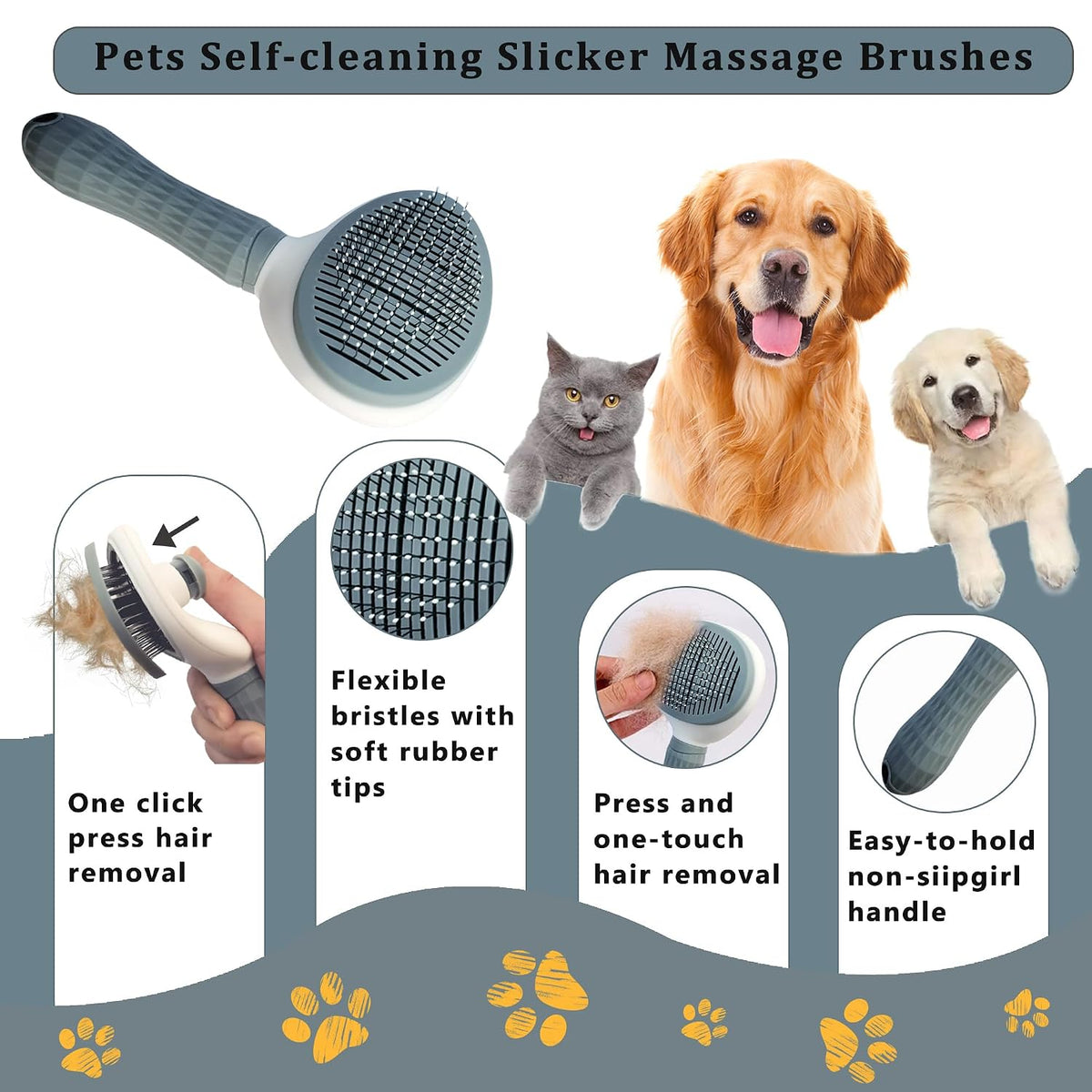 7PCS Dog Grooming Brush Kit for Shedding and Matted Fur, Self-Cleaning Slicker Brush with Undercoat Rake, Flea Comb for Long-Haired Pets, Grey