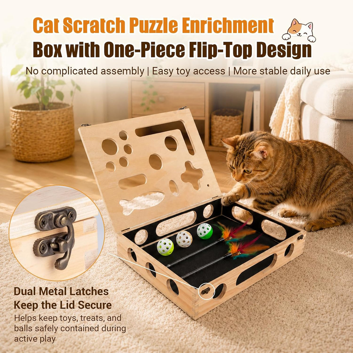Cat Scratch Puzzle Enrichment Box, Wooden Interactive Toy for Indoor Cat
