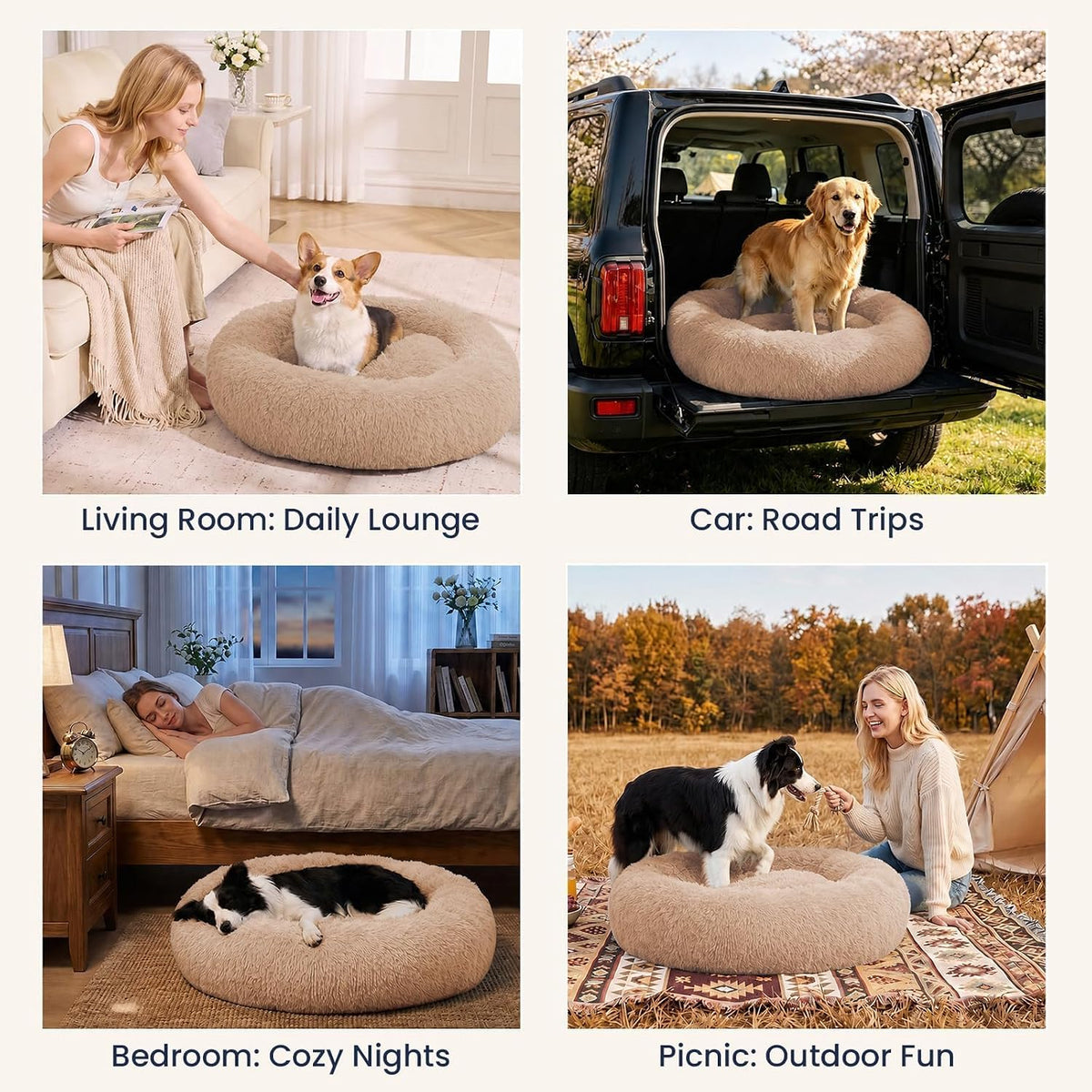 JOLLYVOGUE Calming Washable Dog Bed Medium Size Dog, 31 Inch Donut Medium Dog Bed with Removable Cover, Anti-Slip Round Fluffy Faux Fur Bed, Fits up to 45 lbs Pets, Camel
