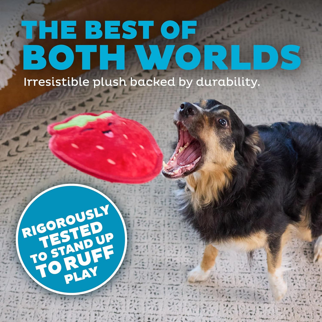 Outward Hound Tough Skinz Durable Chew Squeaky Dog Toy, Strawberry, 7.9" | 4 Tough Layers, Triple Stitched Seams, No Stuffing, Less Mess, Jumbo Squeaker, Fetch & Toss, Tough Chewers, Dogs & Puppies