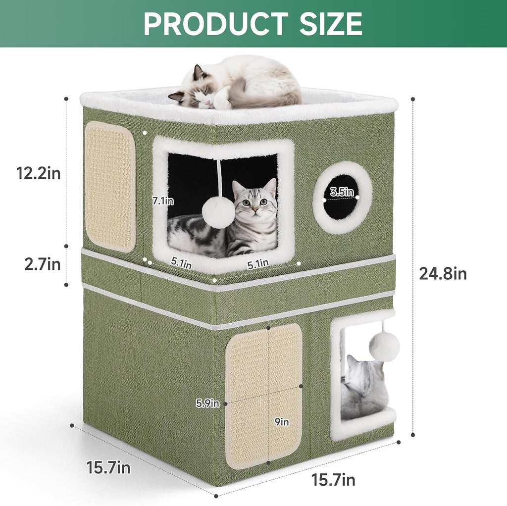 Shikha 2 Story Cat House beds for Indoor Cats with Scratch Pads Green