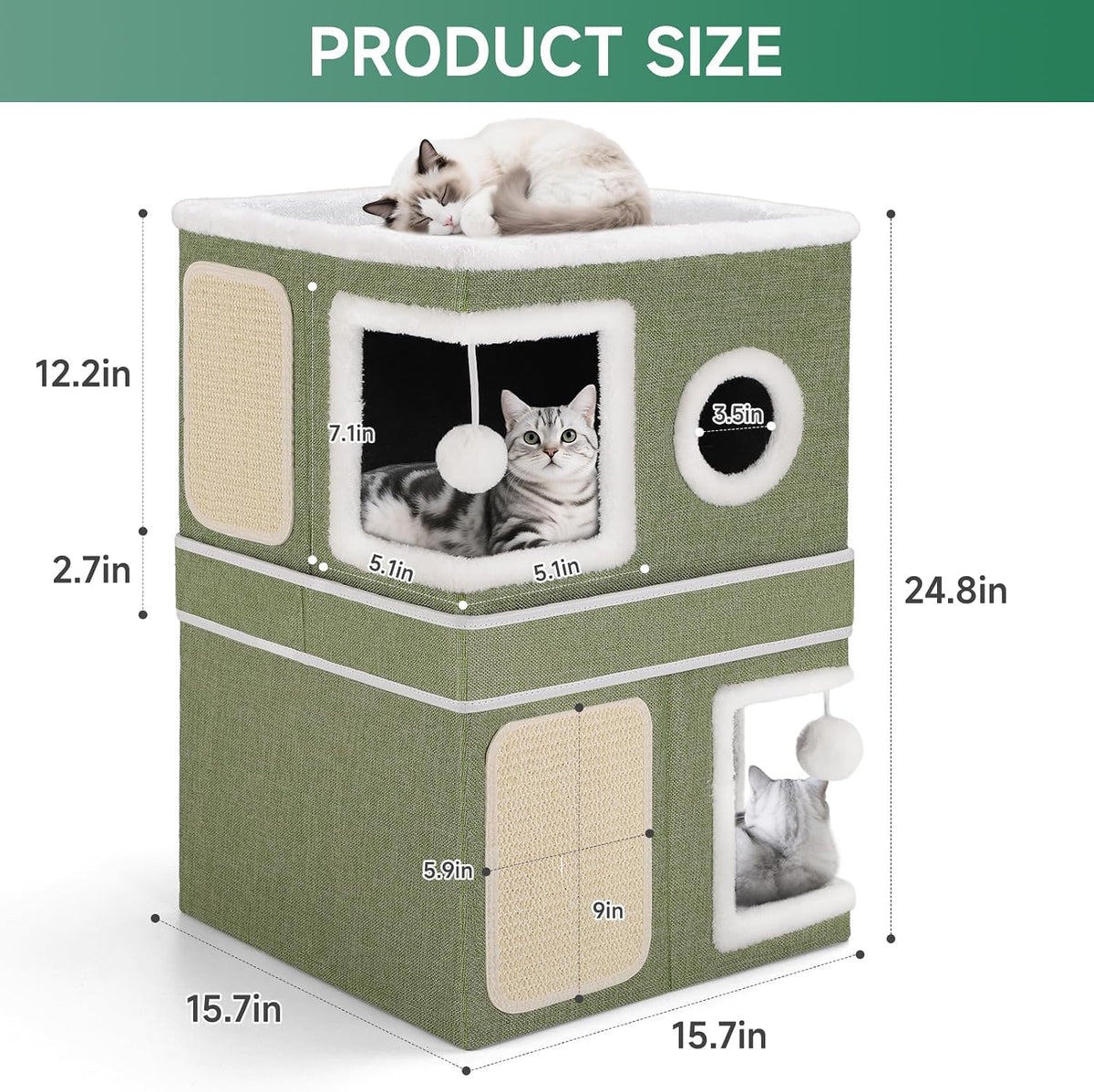 Shikha 2 Story Cat House beds for Indoor Cats with Scratch Pads Green