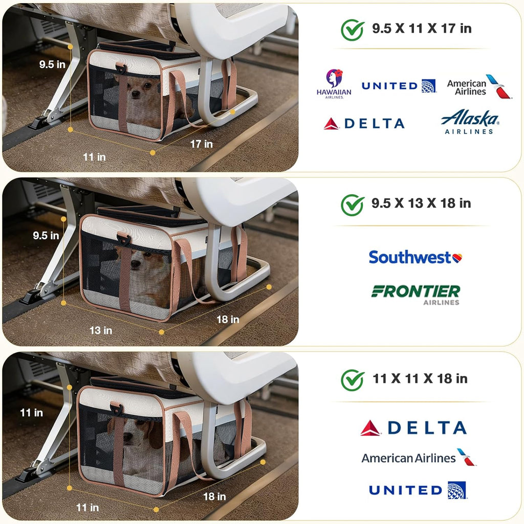 Lekereise Top-Expandable Pet Carrier 18x11x11Inch Delta American United Airline Approved Soft Sided Underseat to 15lbs Travel Carriers for Small Dogs Cats with Locking Safety Zippers Anti-Scratch Mesh