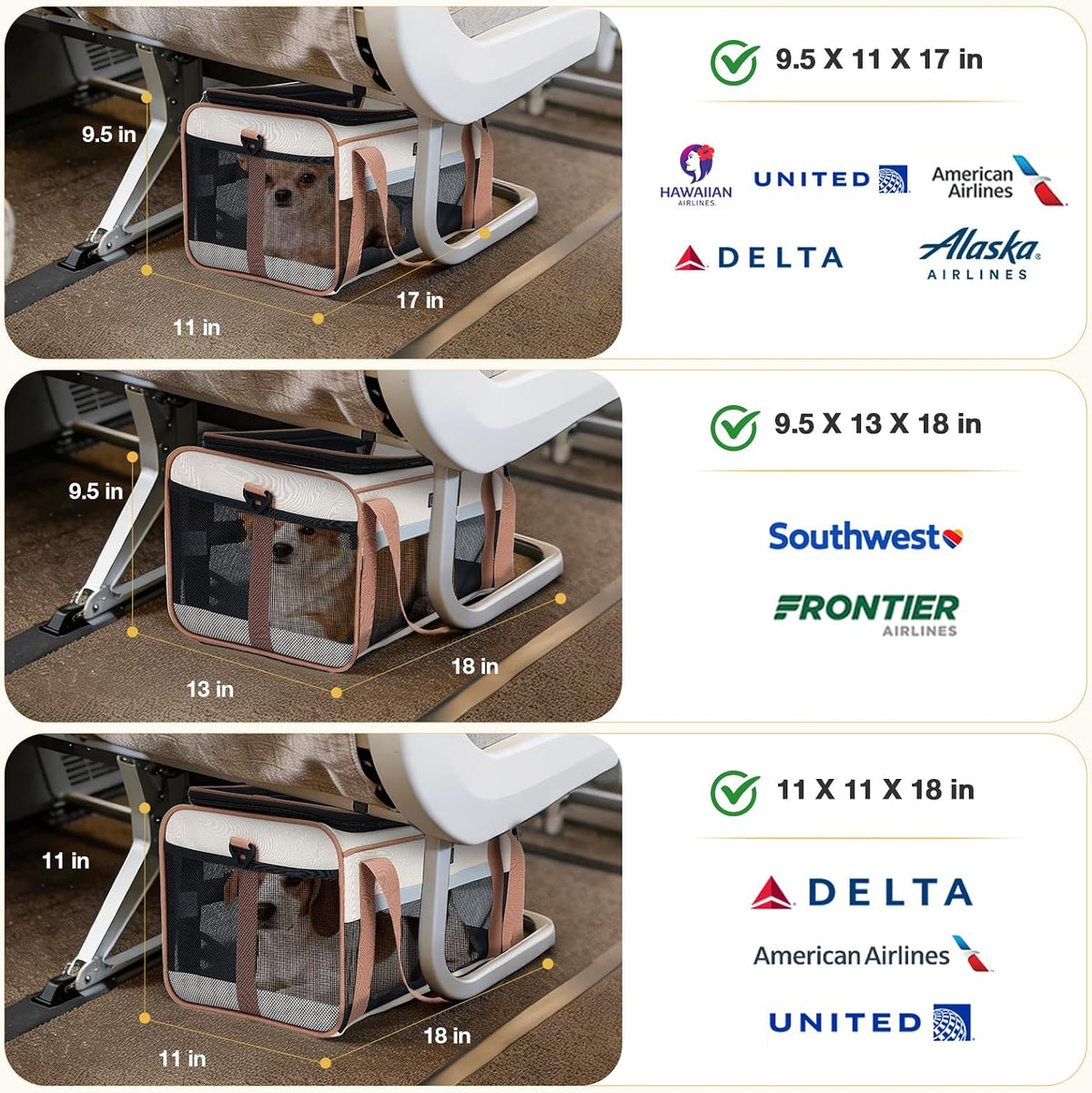 Lekereise Top-Expandable Pet Carrier 18x11x11Inch Delta American United Airline Approved Soft Sided Underseat to 15lbs Travel Carriers for Small Dogs Cats with Locking Safety Zippers Anti-Scratch Mesh