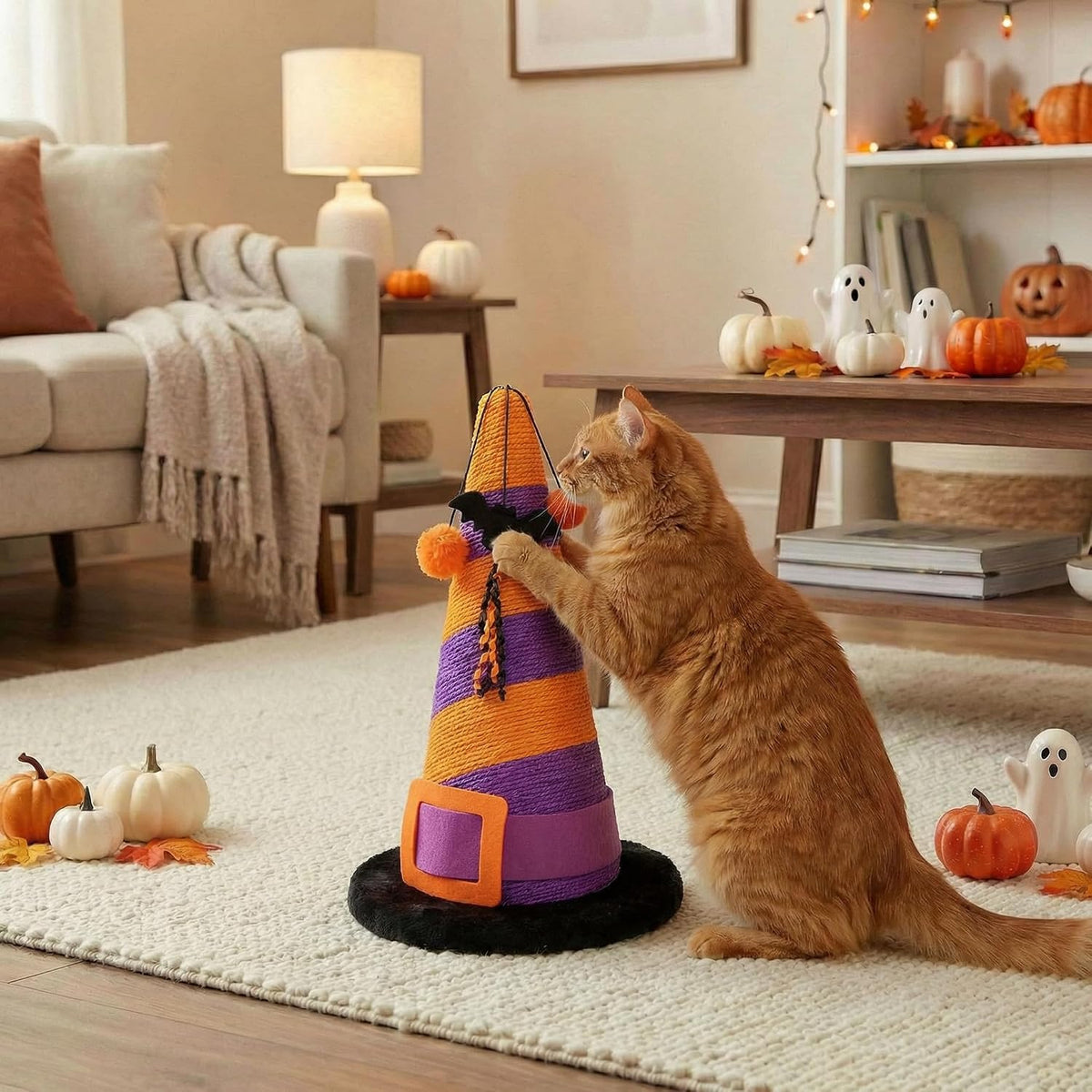 Kitty City Witch HAT Halloween Cat Scratcher Post - Sisal Kitty Scratcher with Dangling Toy, Indoor Halloween Cat Toys, Spooky Decor Kitten Vertical Scratching Tree Tower, Nail Care – Orange & Purple