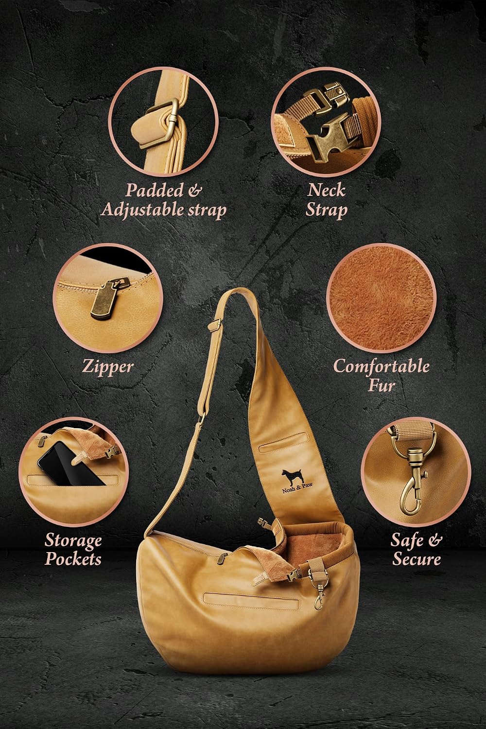 Noah & Paw Dog Sling Carrier for Small Dogs 5-18lb, Dog Sling for Small Dogs and Cats, Dog Carrier with Adjustable Padded Strap, Vegan Leather Lined with Fur, 3X Safety Features, Machine Washable