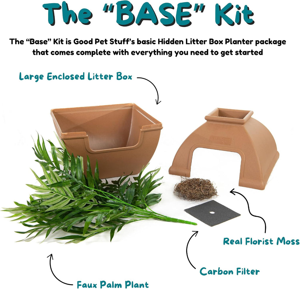 Good Pet Stuff Courtyard Hidden Litter Box Planter, Decorative Cat Litter Enclosure with Carbon Filter, Artificial Palm Plant, Square Design, Easy To Clean, Base Kit, Mocha Brown