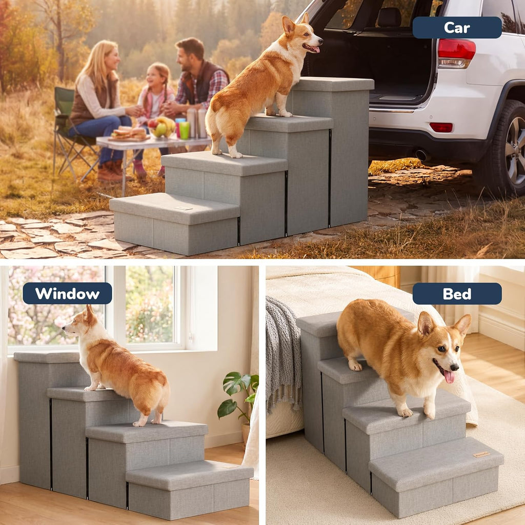 4-Step Wide Dog Stairs with Storage 23" H, Non-Slip Sturdy Pet Steps for High Bed Couch Window, Pet Stairs for Small/Medium/Large Old Dogs Cats Up to 220lbs, Cat Dog Steps for Car, Light Grey