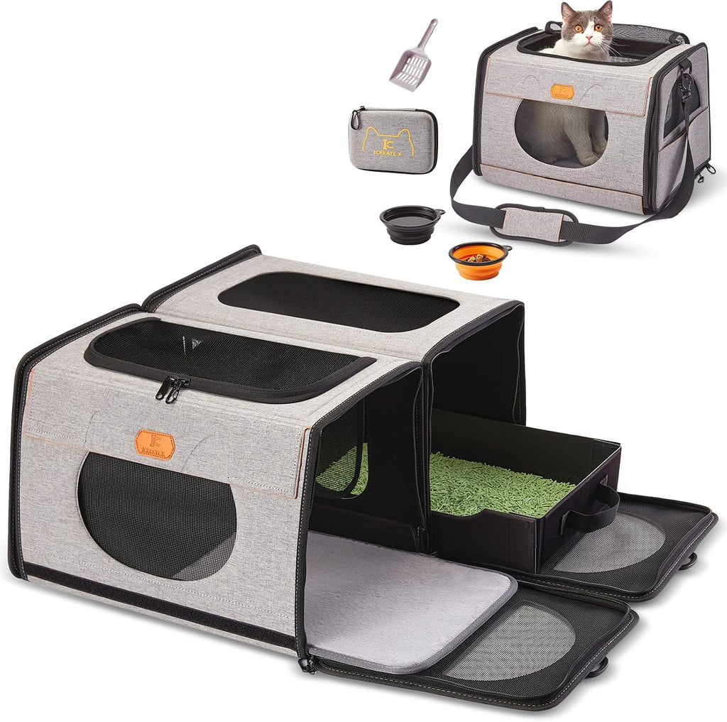 Cat Travel Carrier with Litter Box, Large Cat Carrier for Car