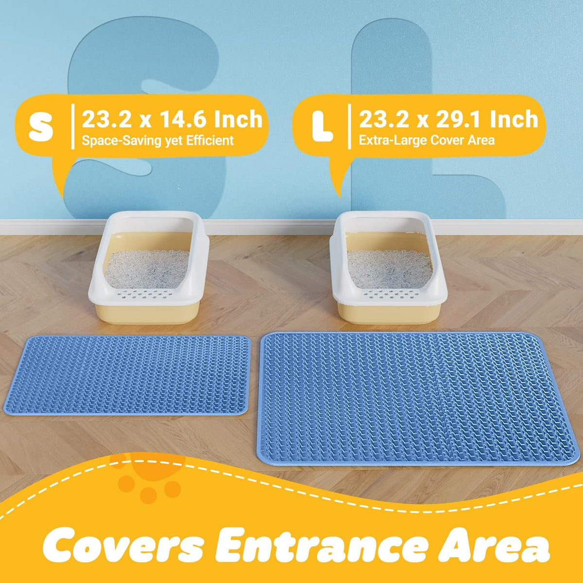 Powools Cat Litter Mat, 23.2 x 14.6 in, Waterproof, Non-Slip, Blue | Litter Trapping Mat, Easy to Clean, Litter Box Mat, Urine-Proof, Cat Toilet Training Systems Accessories, Indoor Cats