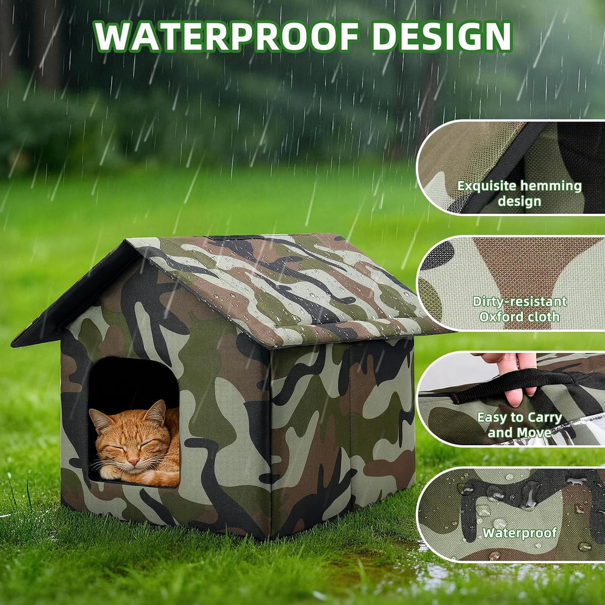 Cat House for Outdoor Cats, Weatherproof Feral Cat House with Mat and Doors, Easy to Put Together, Collapsible Warm Pet Nest Kitty Shelter for Winter, Never Blow Away