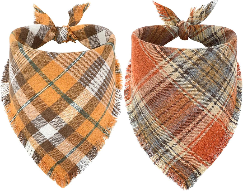 Vivifying Fall Dog Bandana, 2 Pack Plaid Dog Scarf with Tassels Edges, L