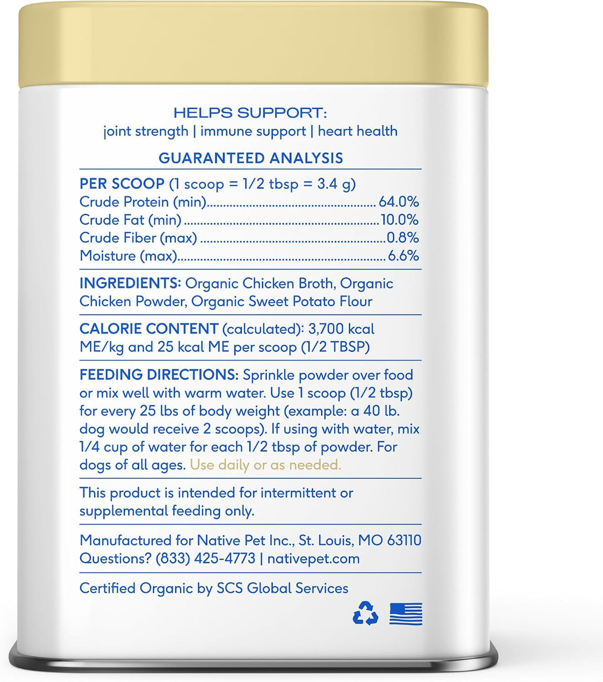 Native Pet Bone Broth for Dogs and Cats - Chicken Bone Broth Powder Dog Food Toppers for Picky Eaters - Provides Extra Nutrition for Joint Strength, Immune Support & Heart Health - 48 Scoops