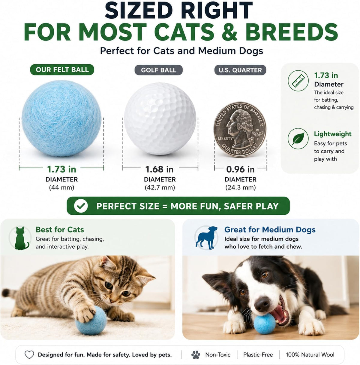 Cat Felt Balls 6 Pack, Wool Toy Balls for Indoor Cats, No Catnip