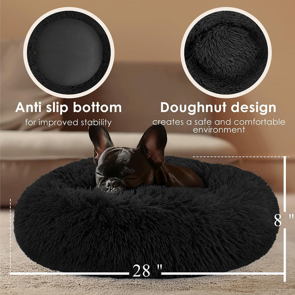 28in Large Dog Bed, Calming Donut Bed for Puppy and Kitten (Black)