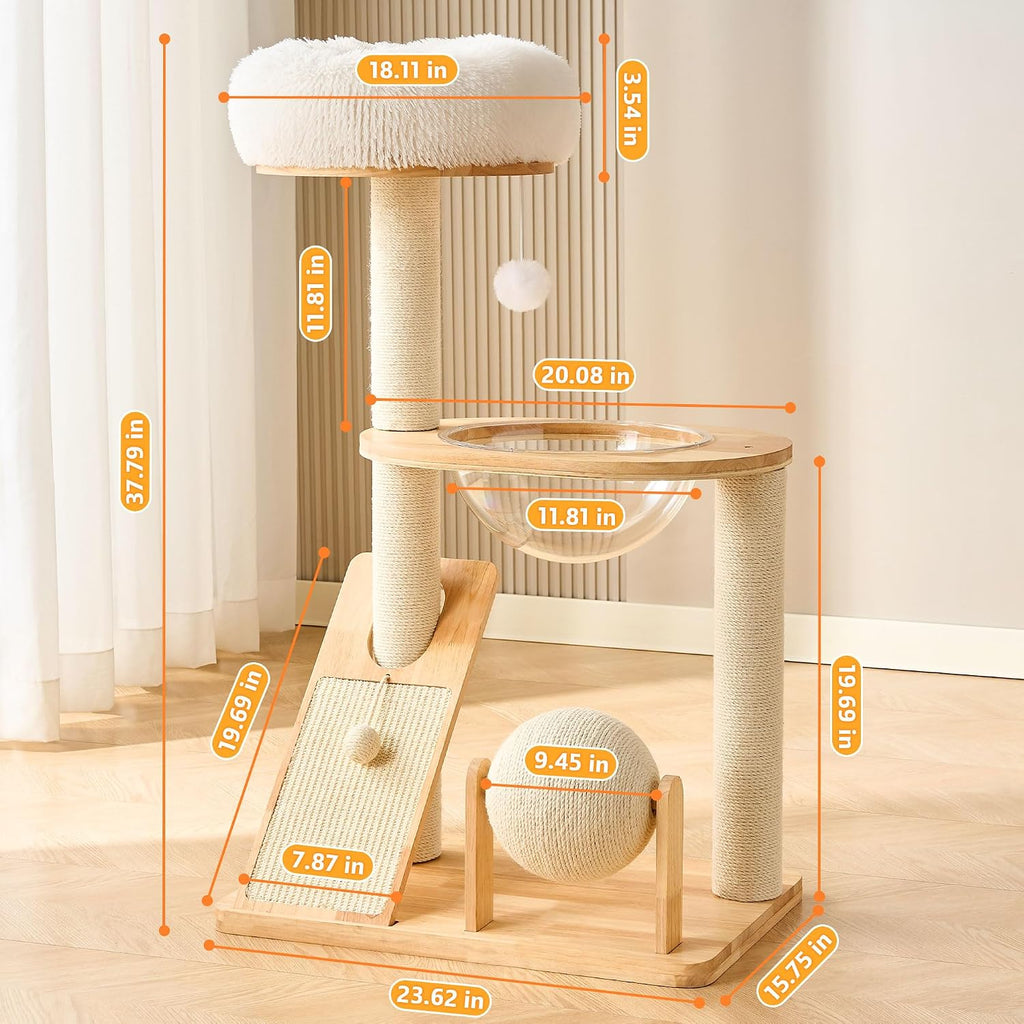 HITTITE Solid Wood Cat Tree Tower with Scratching Post, 37.8 Inches Tall Cat Towers with Scratching Board and Scratcher Ball, Modern Cat Tower With Space Capsule and Removable Top Bed for Indoor Cats.
