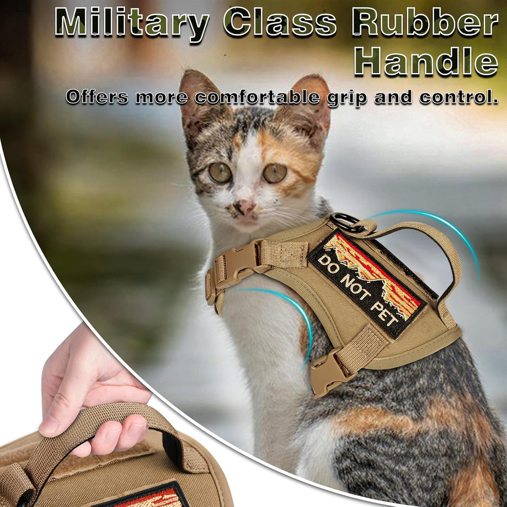 Tactical Cat Harness for Walking, Adjustable Escape Proof Pet Vest for Large Cat,Easy Control Breathable Cat Vest with Handle，Molle Patches (Khaki, L)