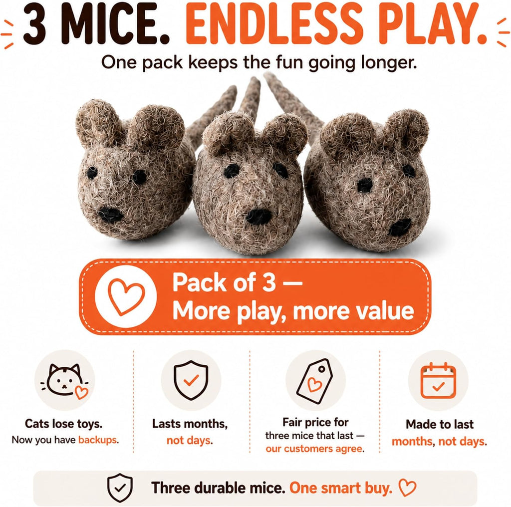 Cat Mice Toy 3 Pack, Felt Mouse Toy for Indoor Cats, No Catnip