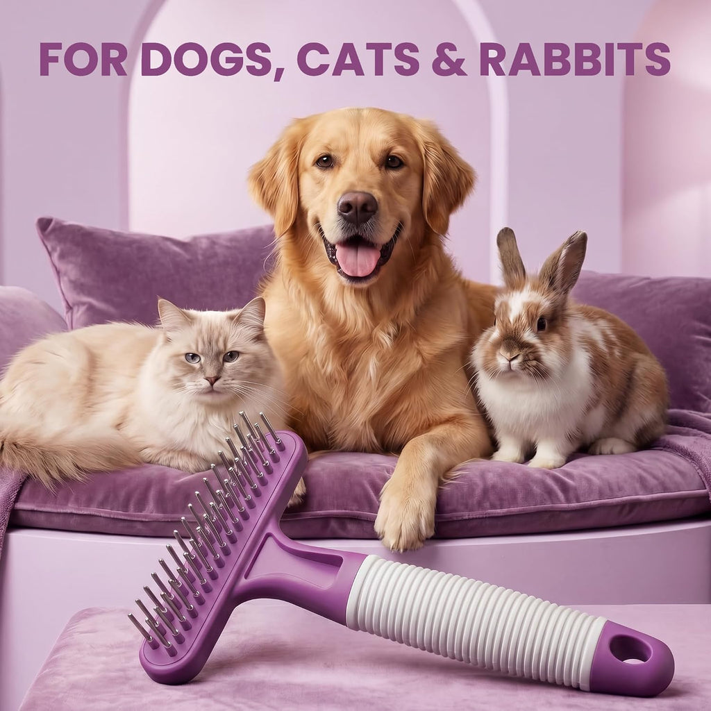 POODLIE Poodle Pet Dog Grooming Rake| Dematting Tool with Stainless Steel Shedding Comb for Pets | 2 Rows of Pins Gently Remove Loose or Tangled Hair from Undercoat | Purple Handle 