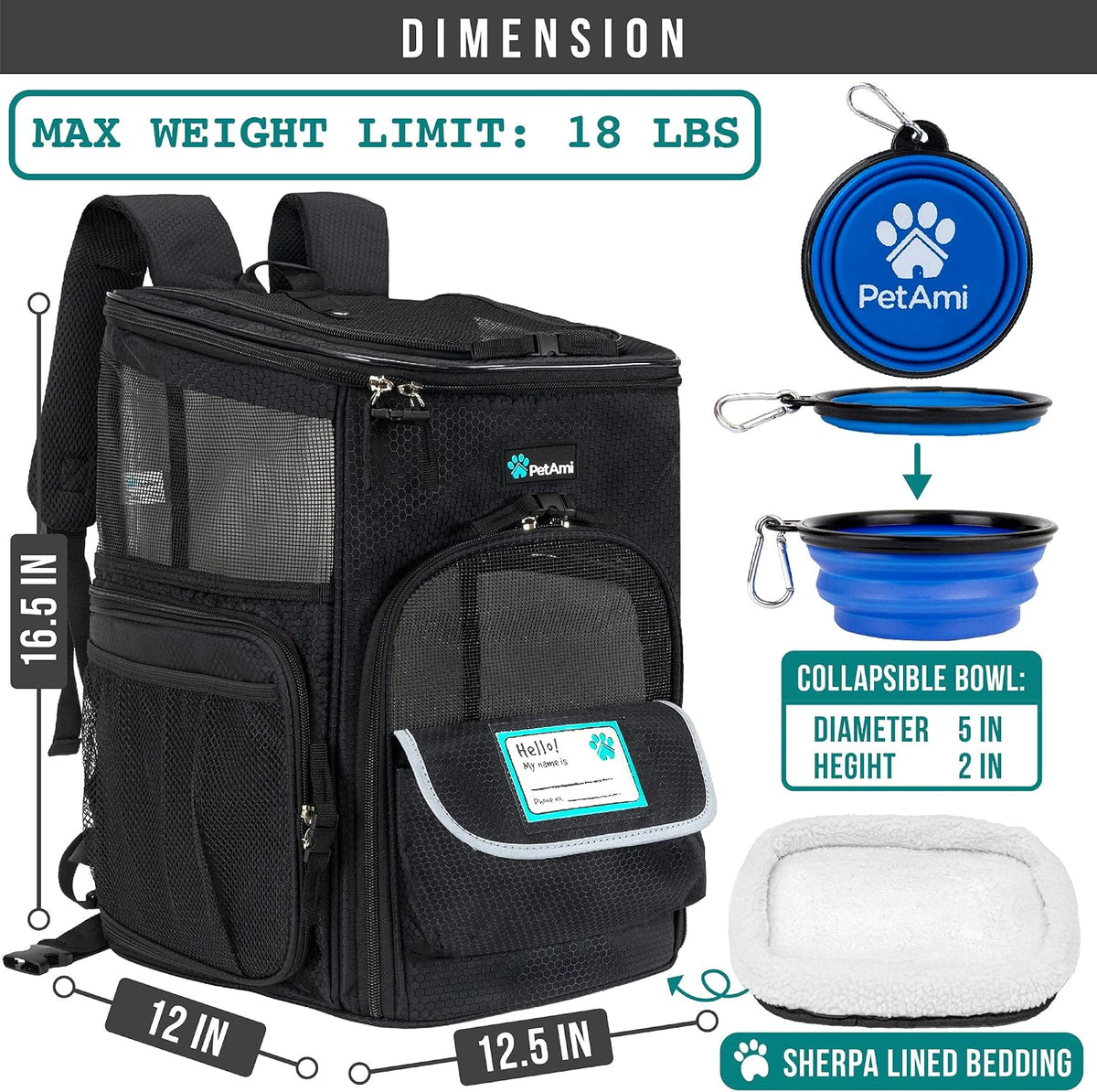 PetAmi Dog Backpack Carrier, Airline Approved 4-Way Entry Cat Bag, Black