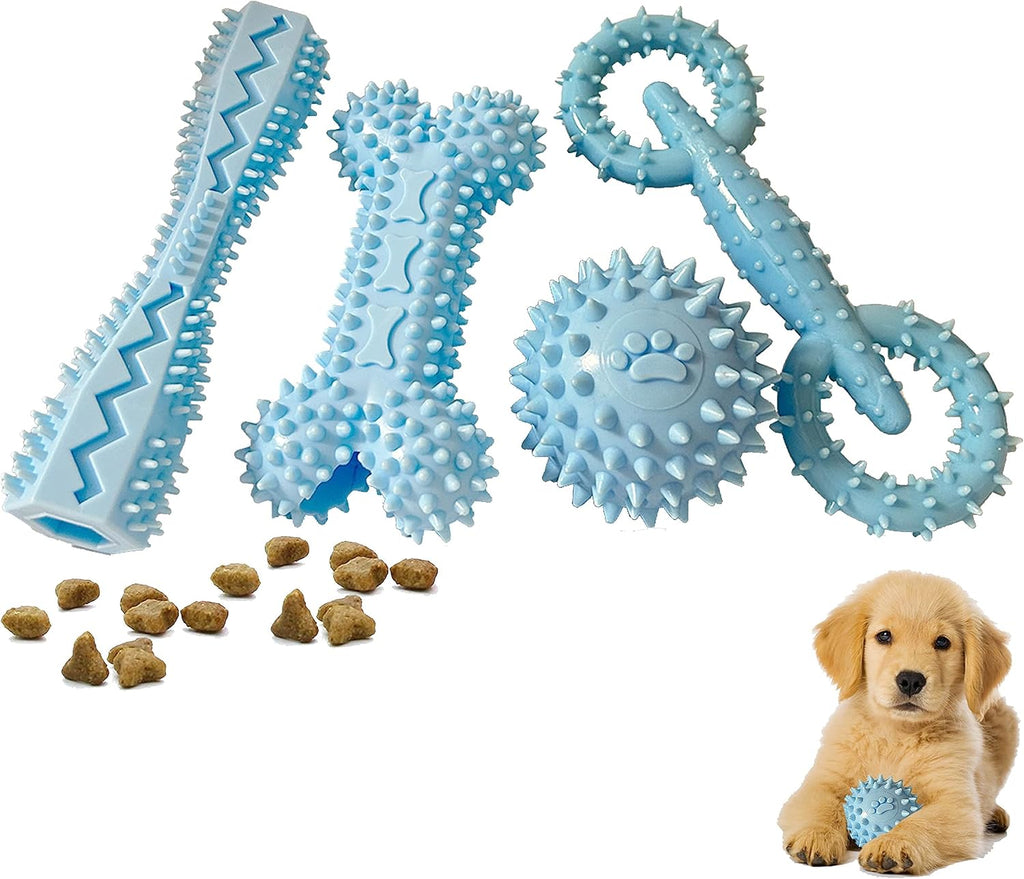 4-Pack Soft Rubber Puppy Teething Toys for 2-8 Months Puppies,Blue | Chew Toys for Small & Medium Dog,Durable Bone Ball Donut,Teeth cleaning,food dispensing,Keeps Them Busy, Dental Textured