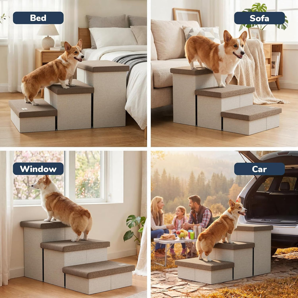3-Step Wide Dog Stairs with Hidden Storage 18" H, Non-Slip Dog Steps for High Bed Couch Car, Jiont-Friendly Pet Stairs Ramp for Small/Medium/Large Old Dogs Cats Up to 220lbs, Beige&Coffee Lid