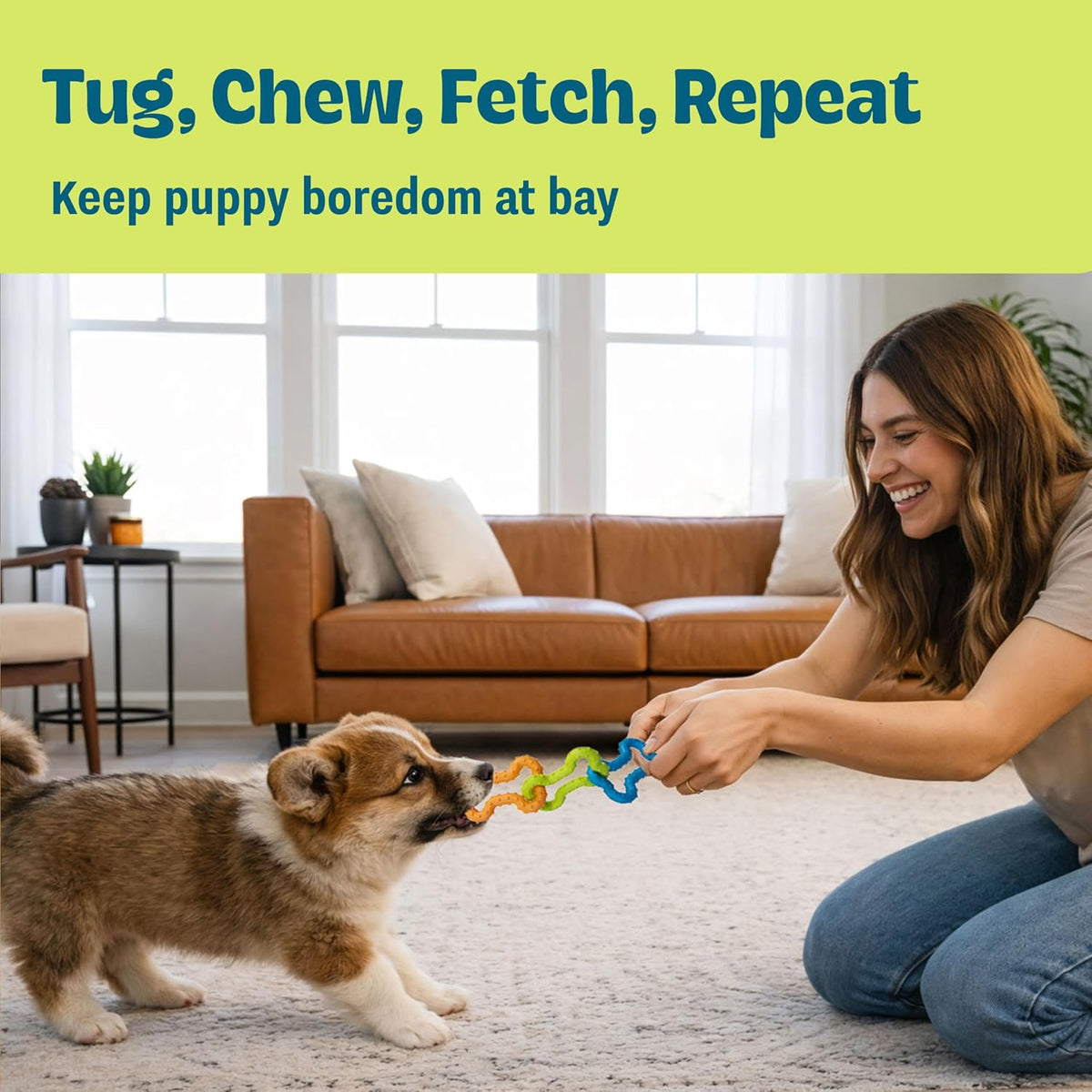 Bone Tugz Dental Dog Chew Toy, Floppy & Textured, 6.3" | Helps Keep Teeth Clean, Massages Gums, Linked Rubber Bones, Fetch & Tug, Light Chewers, Small Dogs & Teething Puppies