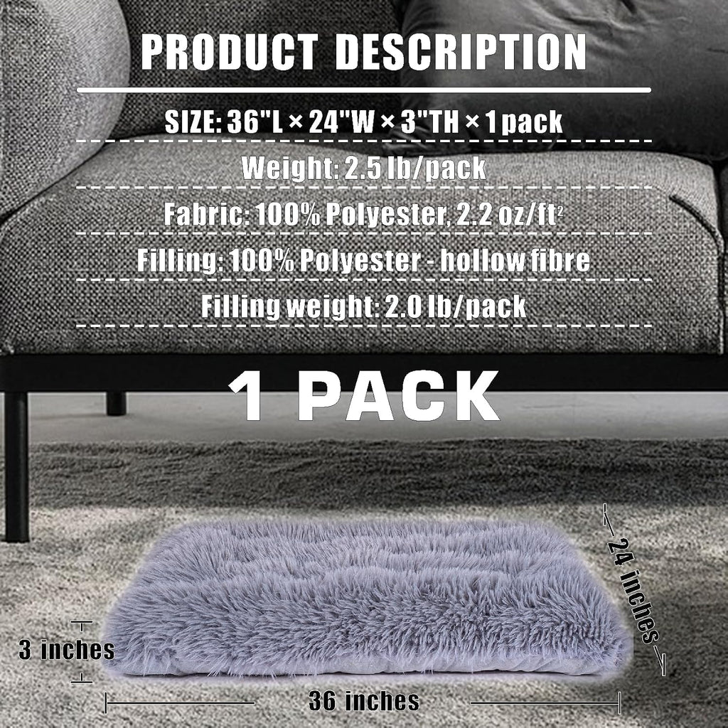 Machine Washable Dog Bed, Deluxe Plush Dog Crate Pad and Cat Bed, Anti-Slip Bottom Kennel Pad Mat, Fuzzy Pet Beds for Large, Medium, Small Dogs Breeds (Grey, 36.0" L x 24.0" W x 3.0" Th x 1 Pack)
