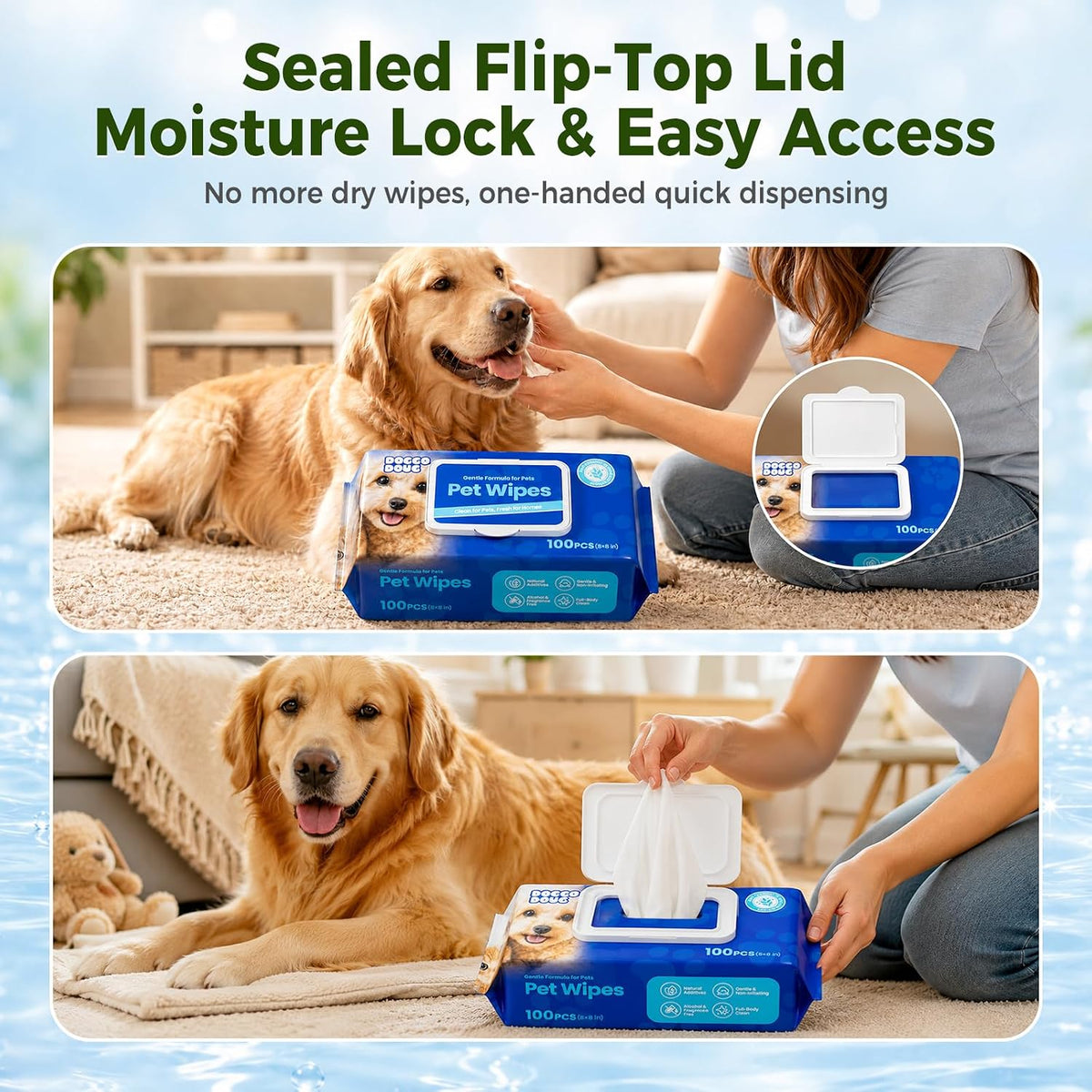 Hypoallergenic Pet Wipes for Dogs and Cats, 100 Count Unscented Dog Wipes