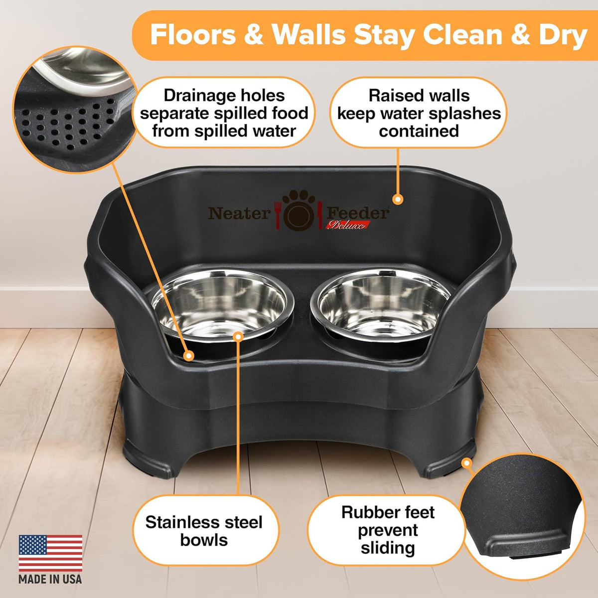 Neater Pet Brands Neater Feeder Deluxe Mess Proof Dog Bowls Elevated for Medium Dogs 19-40 lbs, Made in USA, No Spill Raised Dog Food Bowl Stand Feeding Station, Food and Water Bowl Set, Black 