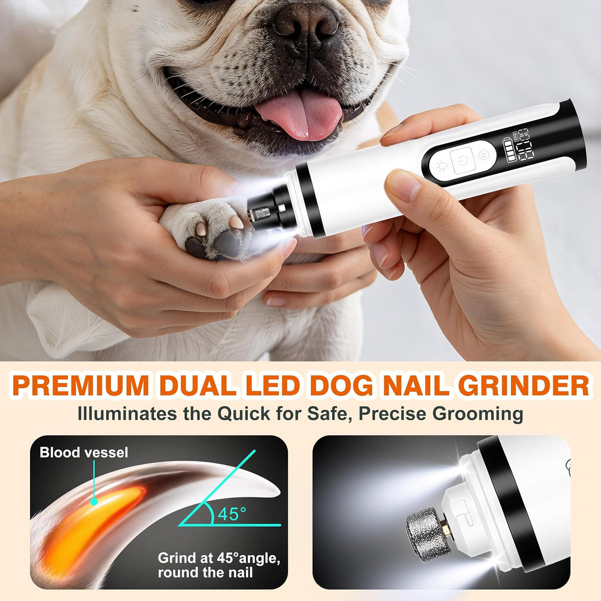 Dog Nail Grinder, Quiet Pet Nail Trimmer with LED, 3 Speeds & 3 Ports