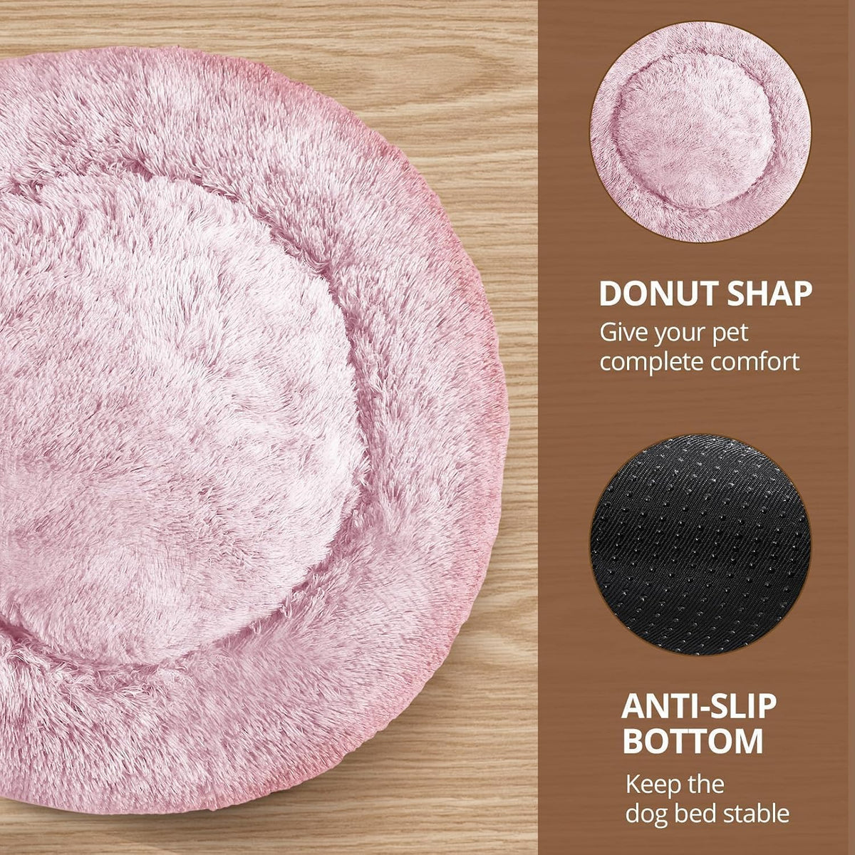 JOLLYVOGUE Calming Small Pink Dog & Cat Bed for Indoor Cats - 20 inches Washable Donut Bed for Kittens & Puppies, Anti-Anxiety Round Fluffy Plush Pet Beds (Fits up to 15 lbs, Smoke Pink)