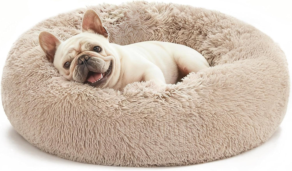 Love's cabin Calming Cat Bed for Indoor Cats, Anti-Anxiety Donut Round Dog Bed,Fluffy Faux Fur Washable Pet Bed for Small Medium Dogs and Cats, Taupe, 24in